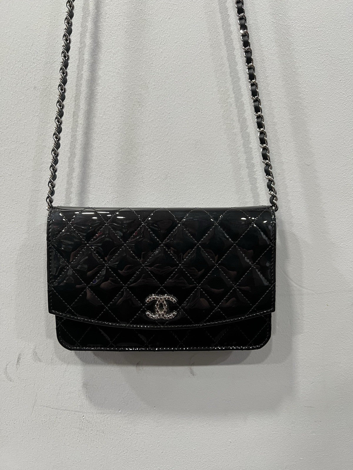 Chanel Black Quilted Patent Leather Brilliant Wallet On Chain Crossbody