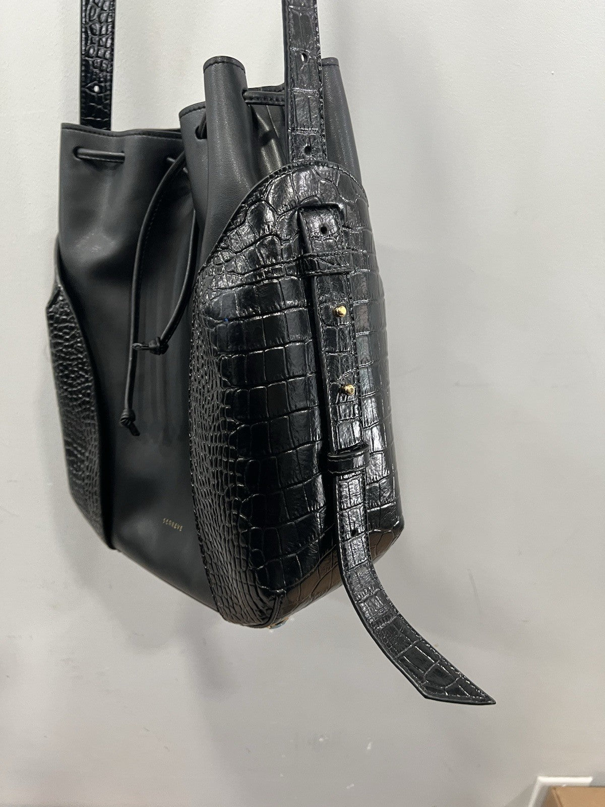 Senreve Fiore Vegan Leather Black Croc Embossed Bucket Bag Retail $825