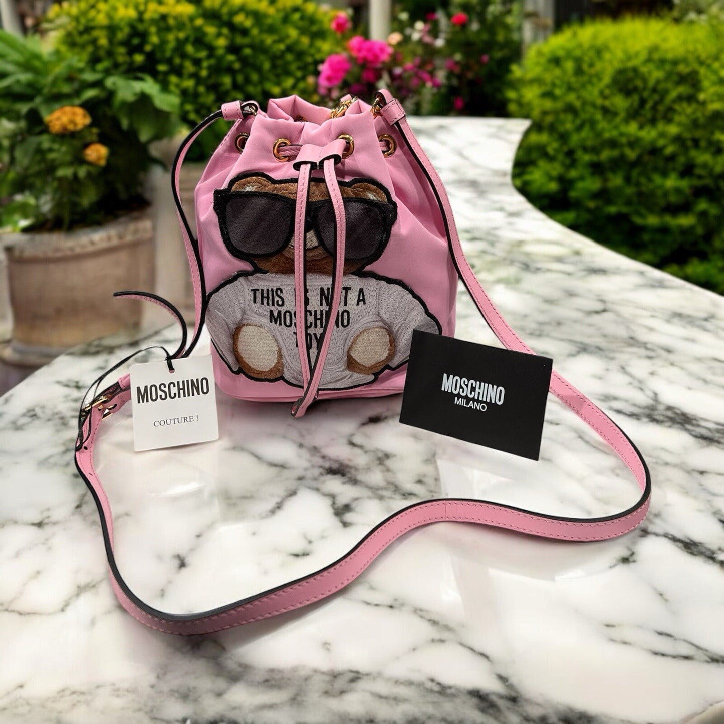 Moschino Couture Pink Nylon Bucket Crossbody/Wrist Bag NWT & Duster