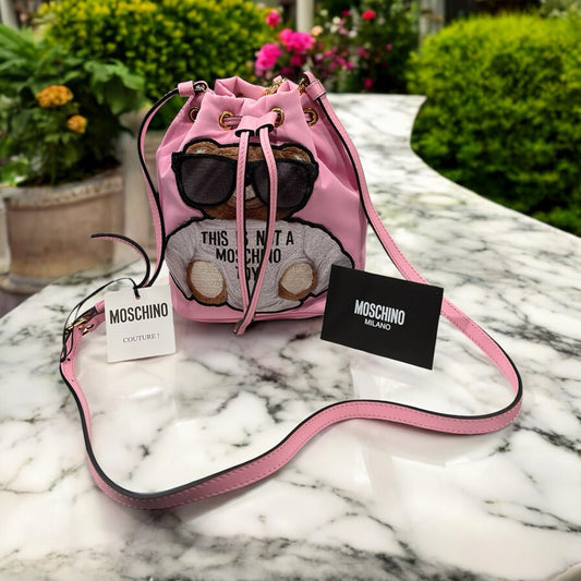 Moschino Couture Pink Nylon Bucket Crossbody/Wrist Bag NWT & Duster