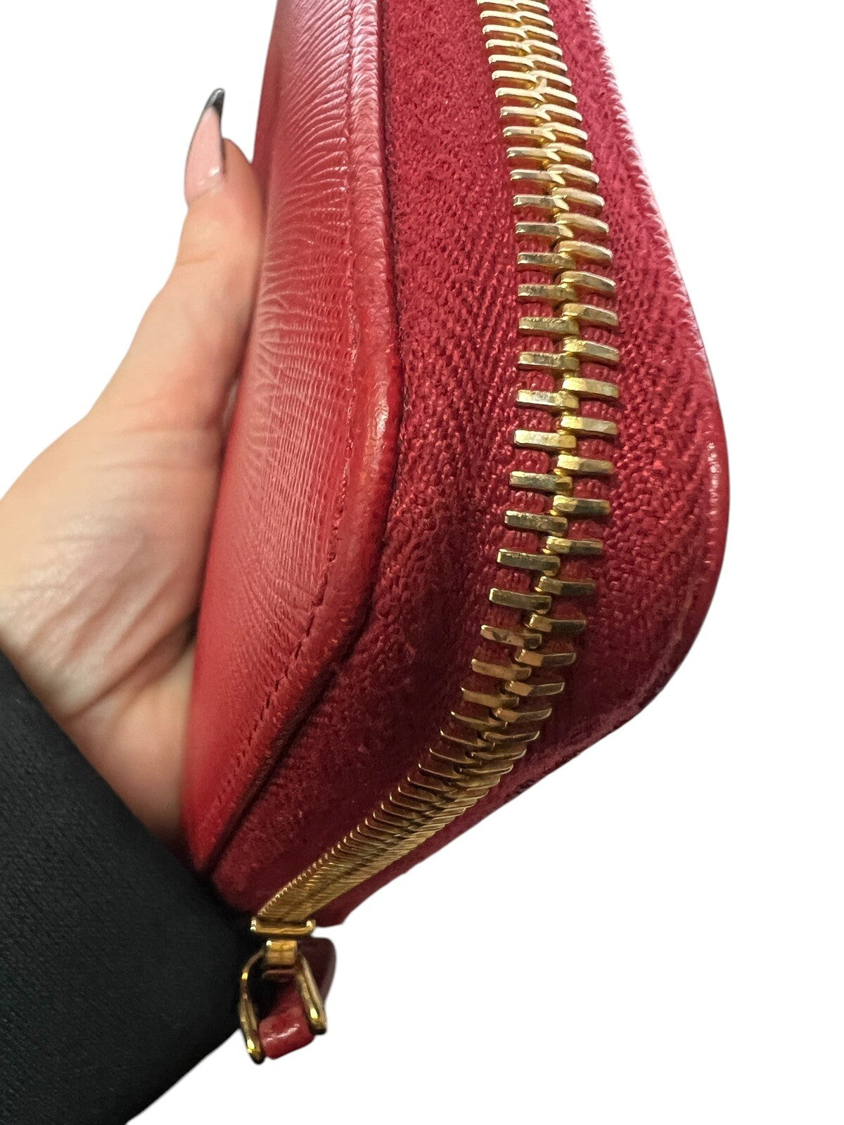 Prada Saffiano Red Leather Zip Around Wallet W/COA