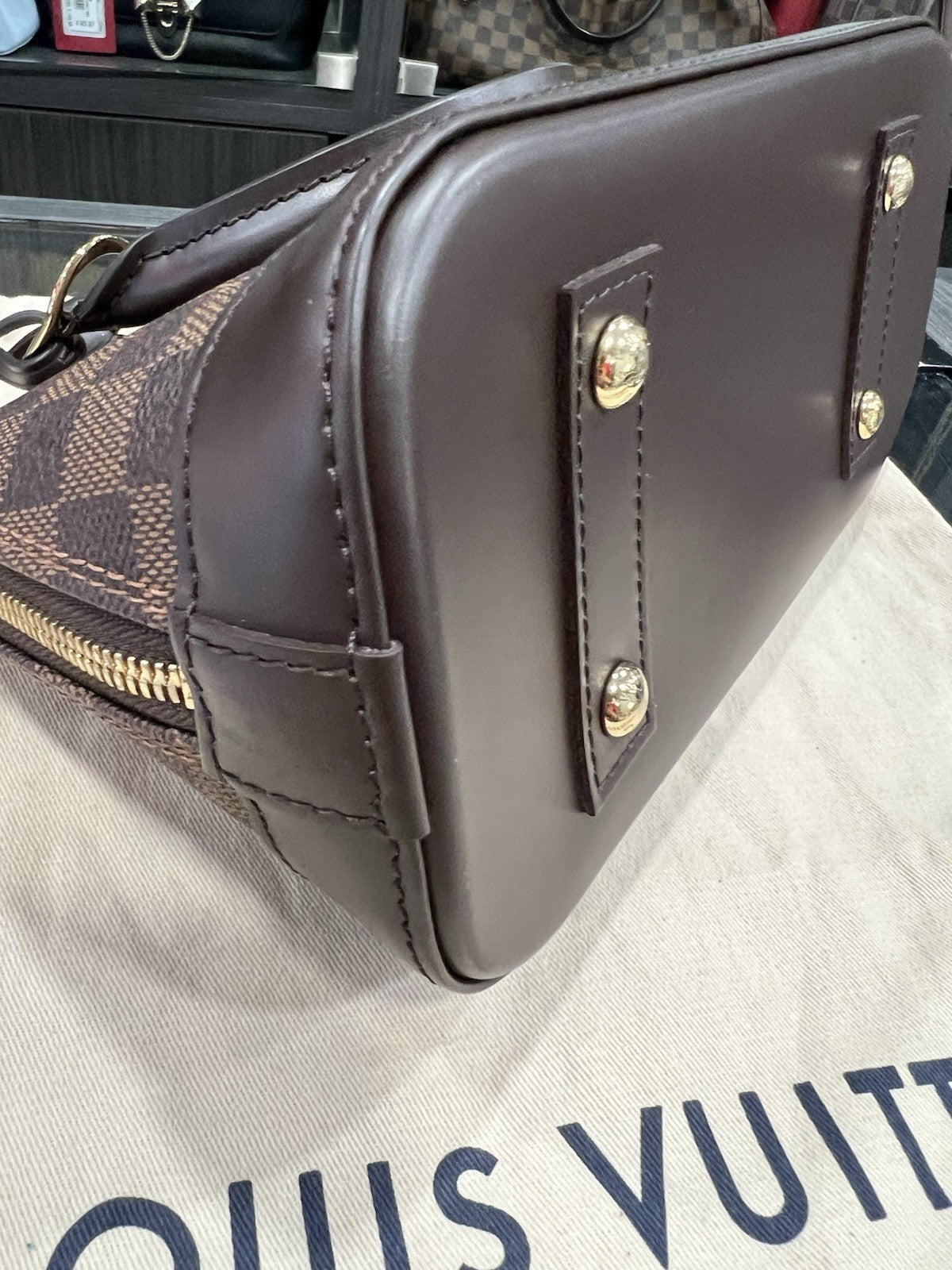 Louis Vuitton Damier Ebene Alma BB W/Lock Key & Duster (Monogrammed No Strap)