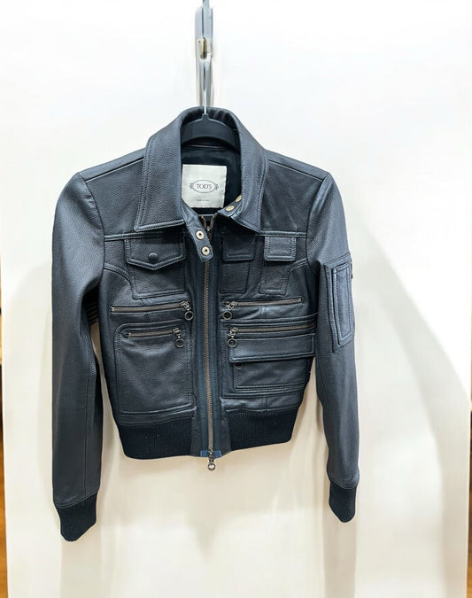 Tod's Women's Black Leather Pilot Leather Jacket Size XS Retail $4k