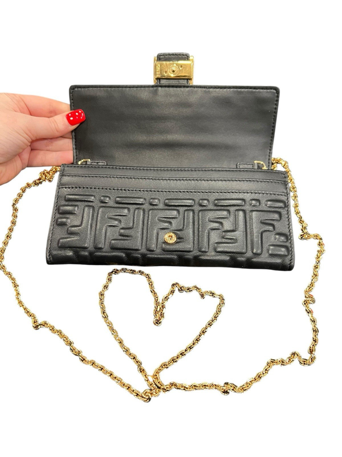 Fendi Black Nappa Leather Baguette Continental Wallet On Chain