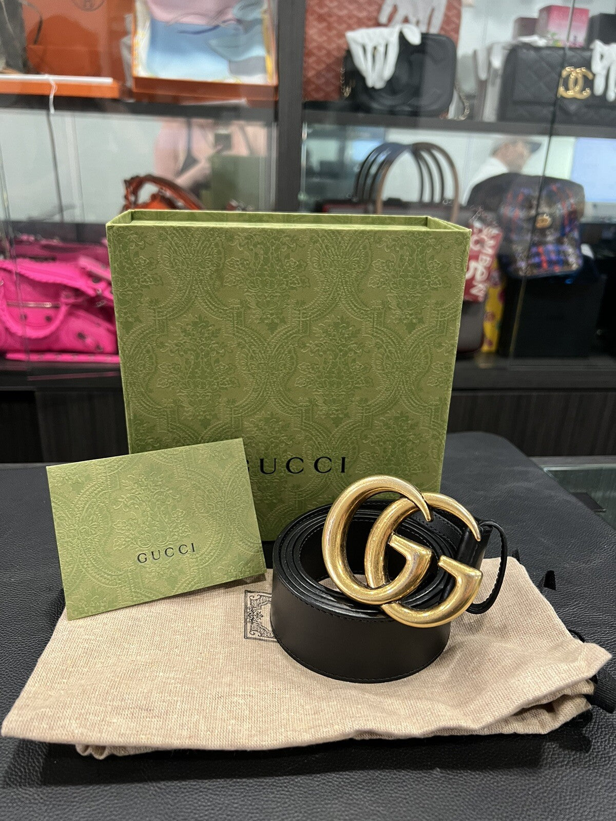 Gucci Marmont Black/Aged Gold Belt W/Box Duster & Receipt (Retail $520) 95/38"
