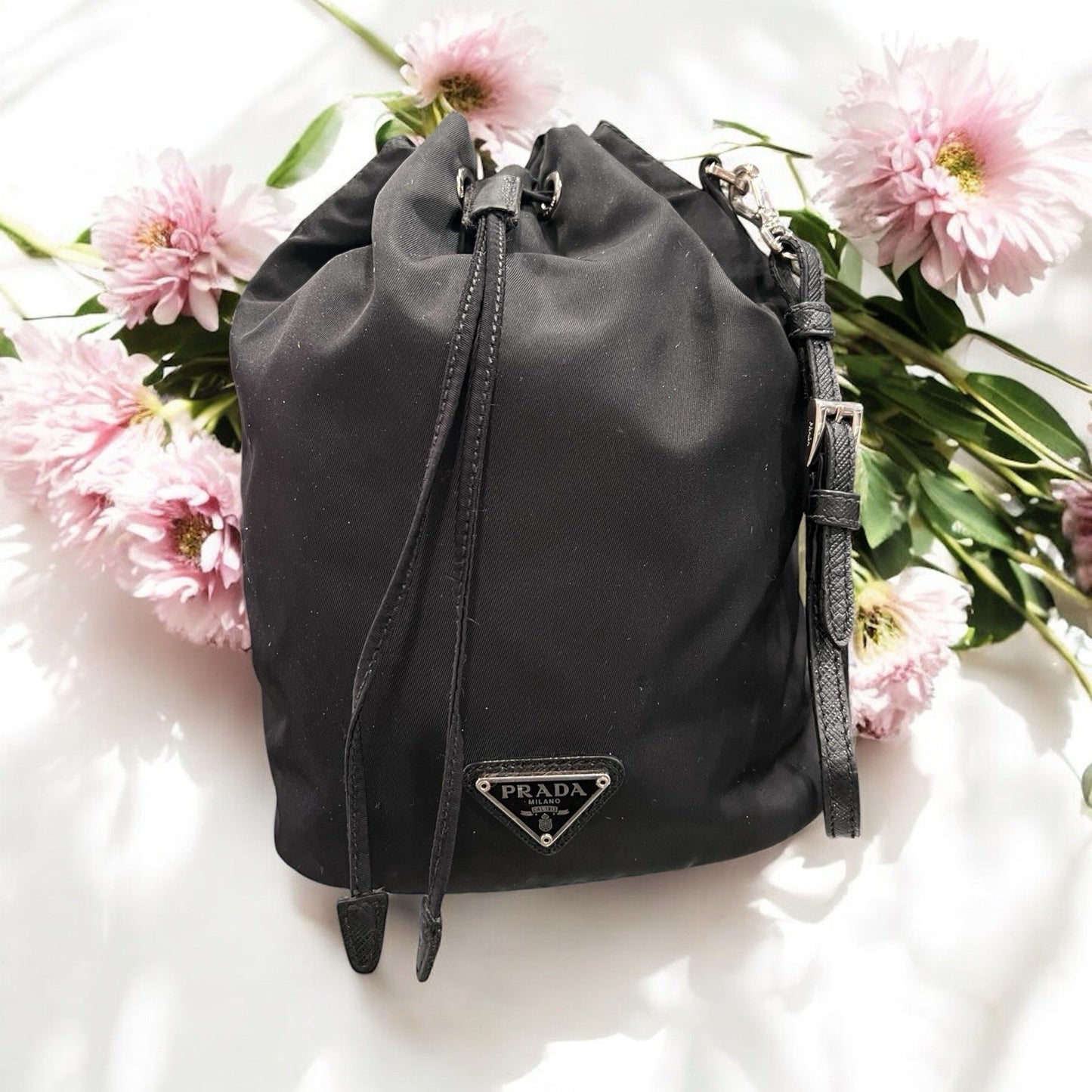 Prada Drawstring Wristlet Bucket Bag Tessuto Small