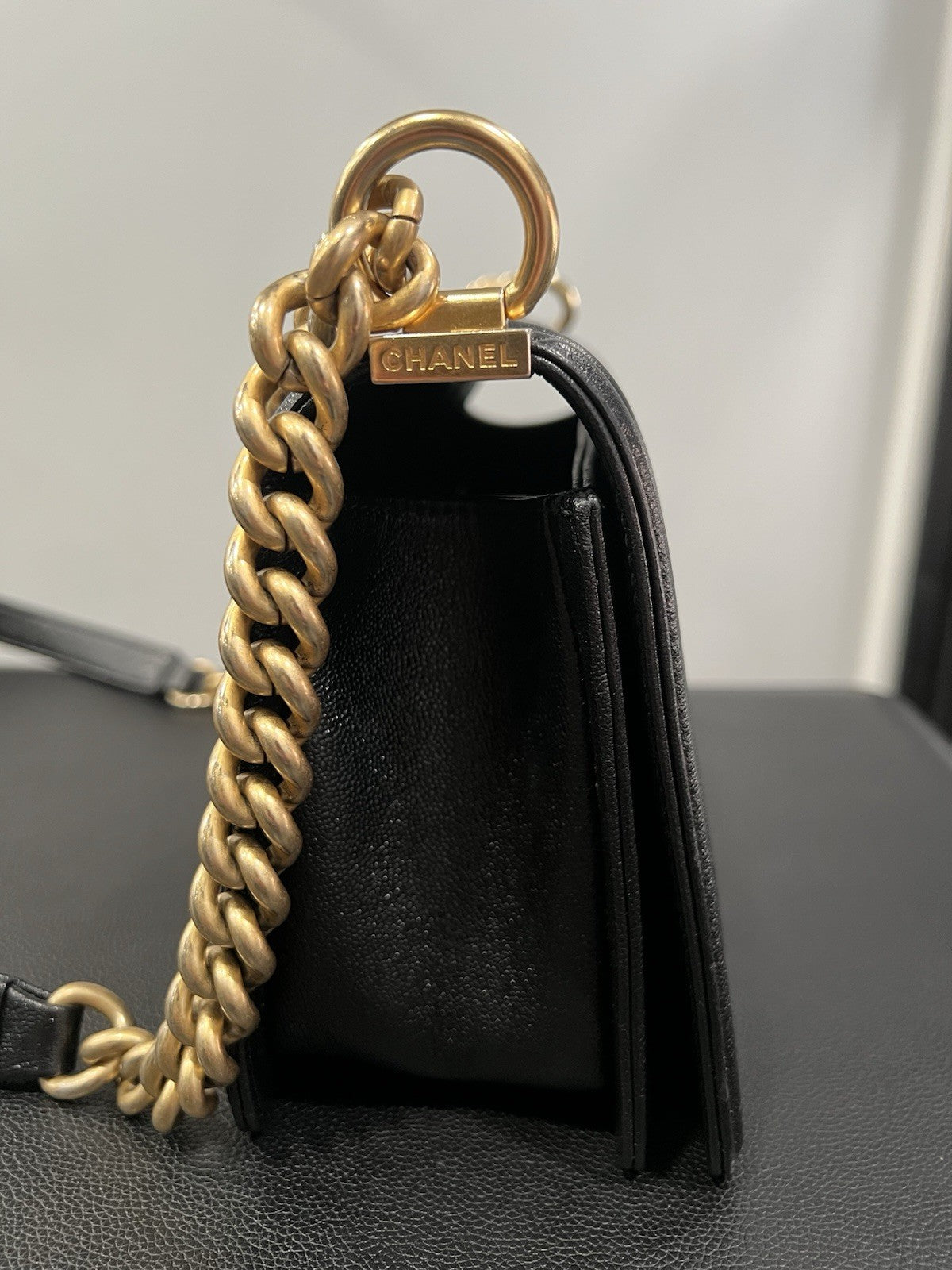 Chanel Black Gold Chevron Caviar Boy Bag With Duster & Authenticity Retail $6900