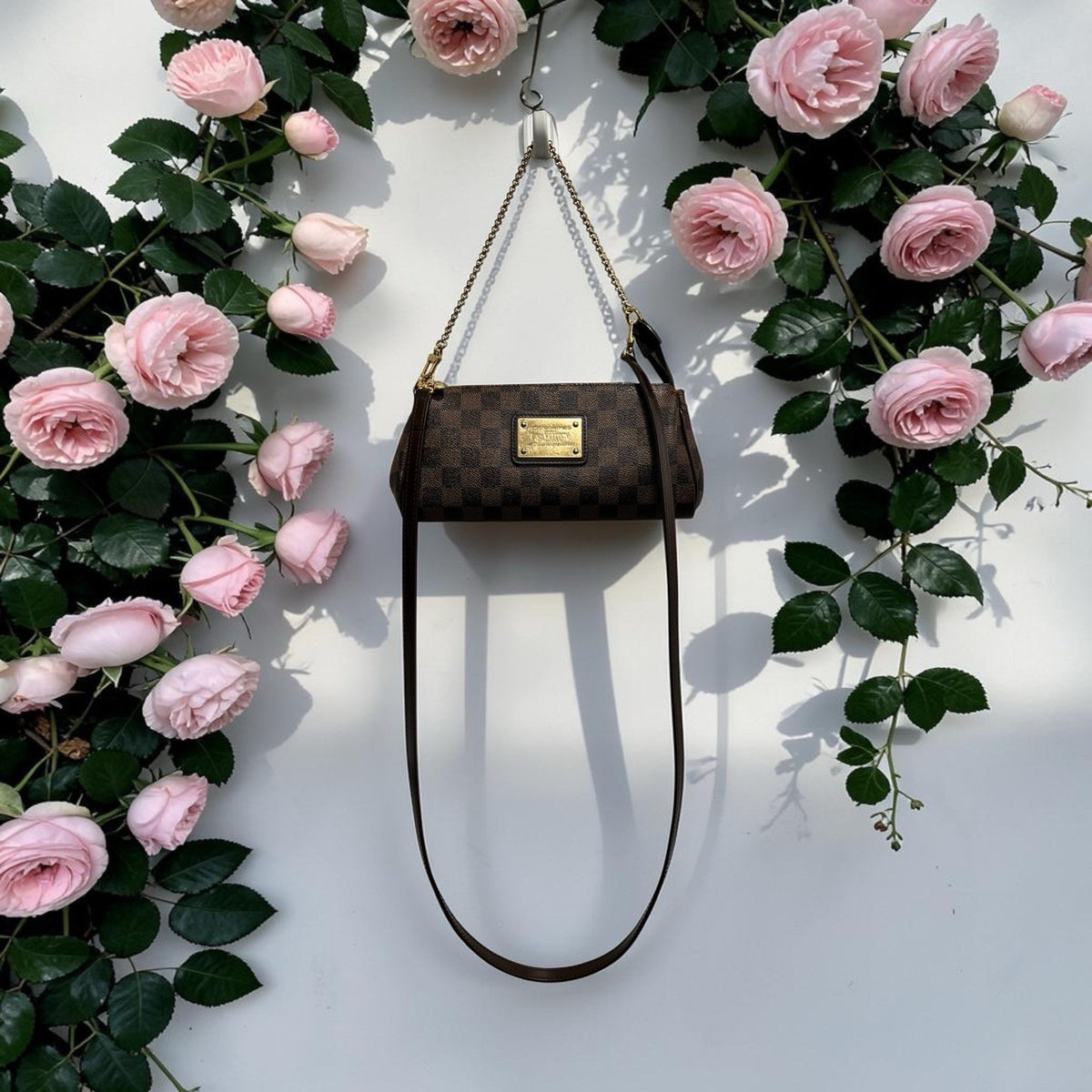 Louis Vuitton Damier Ebene Eva Clutch Crossbody Bag With Authenticity