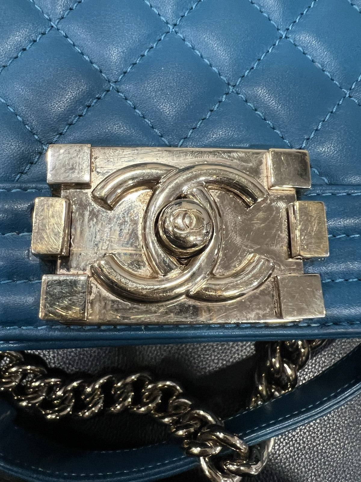 Chanel Small Two Way Boy Cobalt/Gold Chain Bag Includes Authenticity MSRP $6700