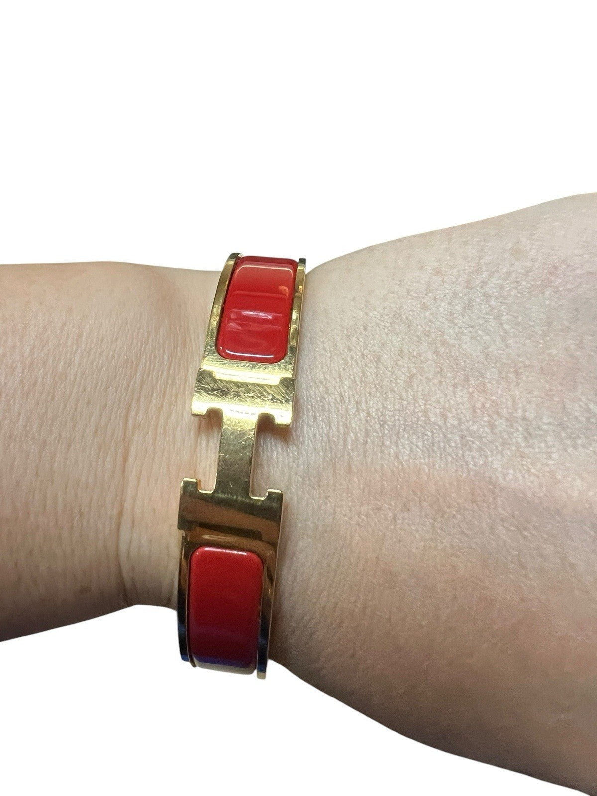 Hermes Click H Red/Gold Cuff Bracelet Retail $810 AUTHENTIC 6.75"