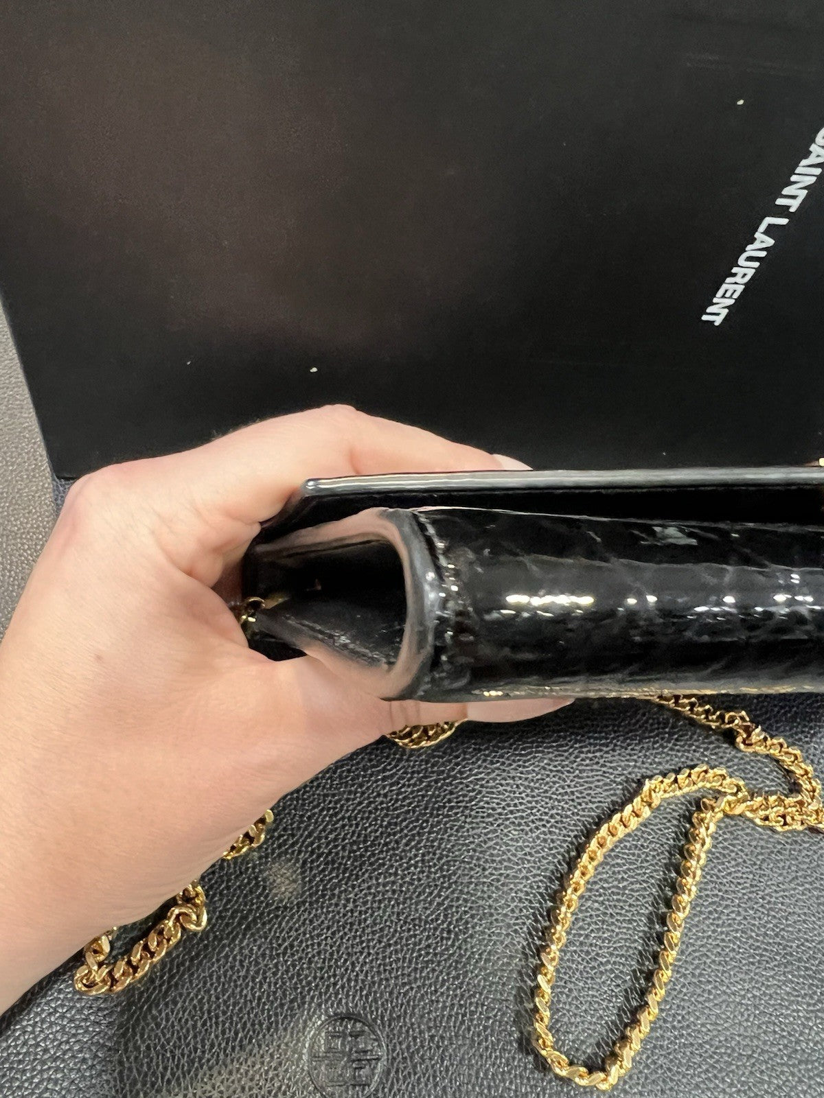 YSL Saint Laurent Snake Patent Uptown Box Duster & Card Holder Retail $1590