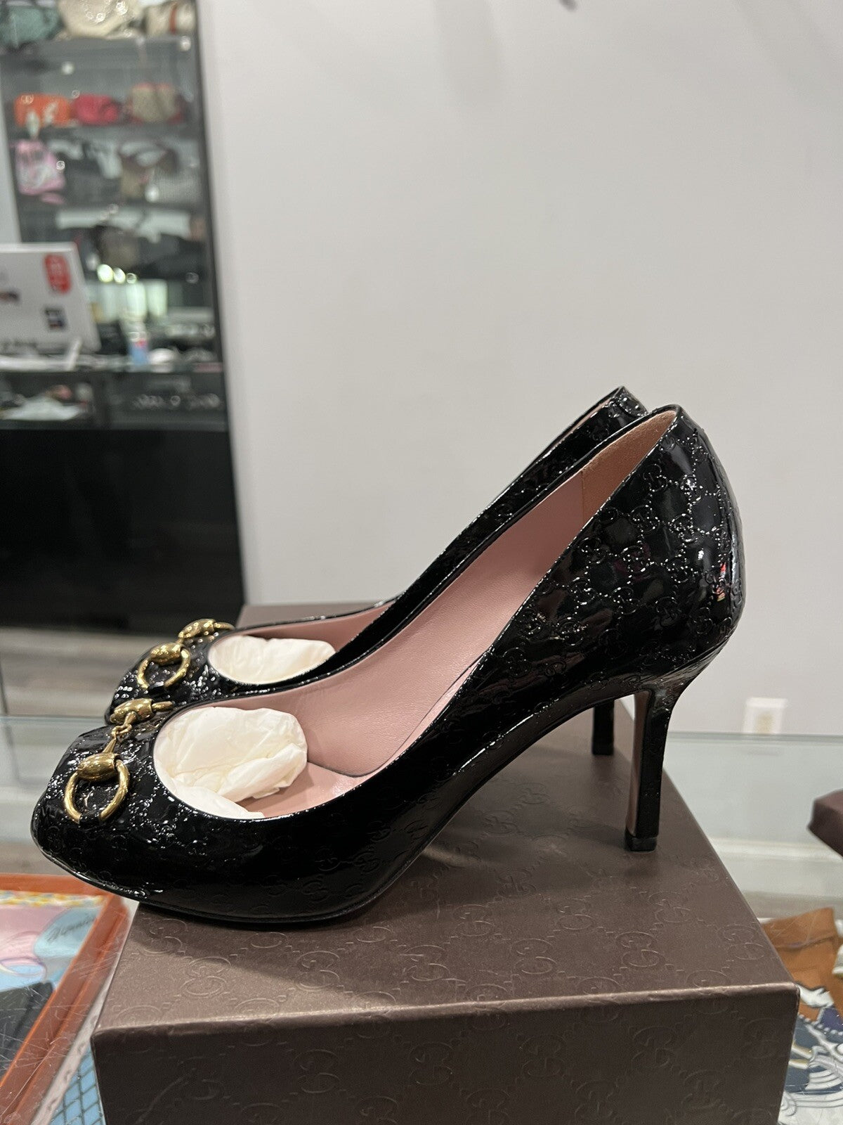 Gucci Patent Vernice Microguccisima Bit Heels 38.5/US8.5 Retail $660
