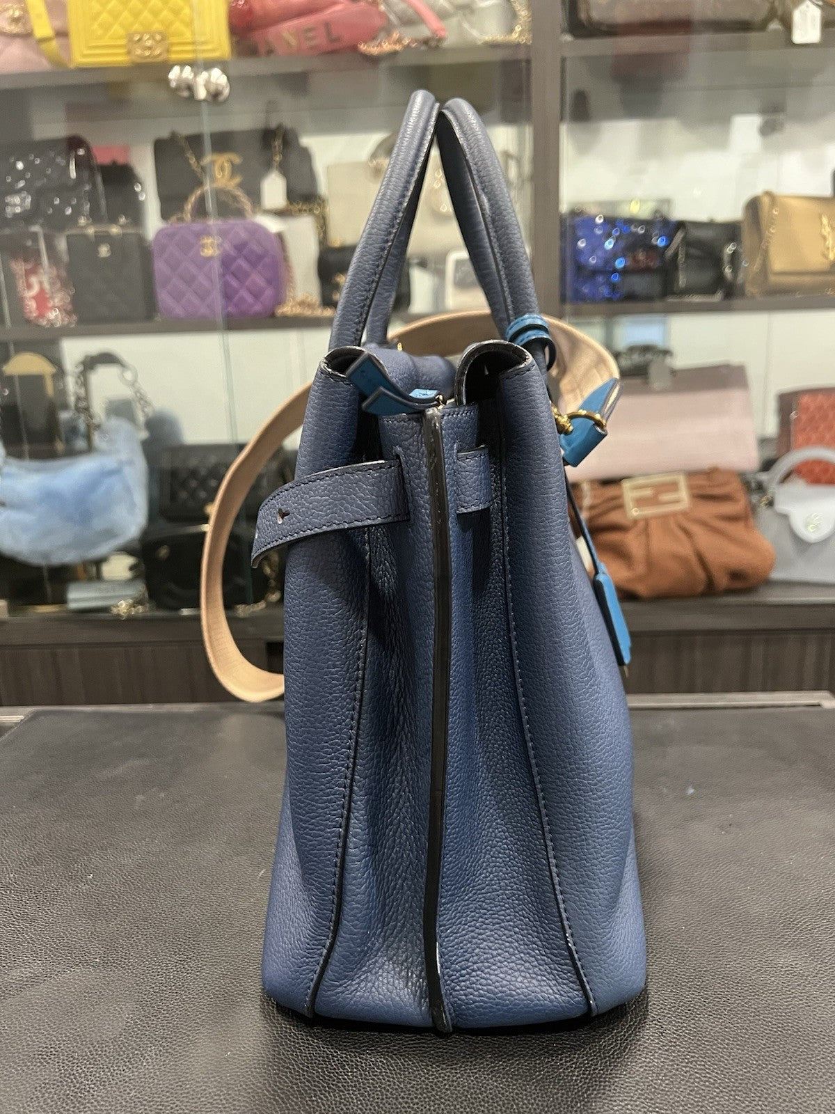 MCM Blue Leather Milla Tote With Canvas Strap