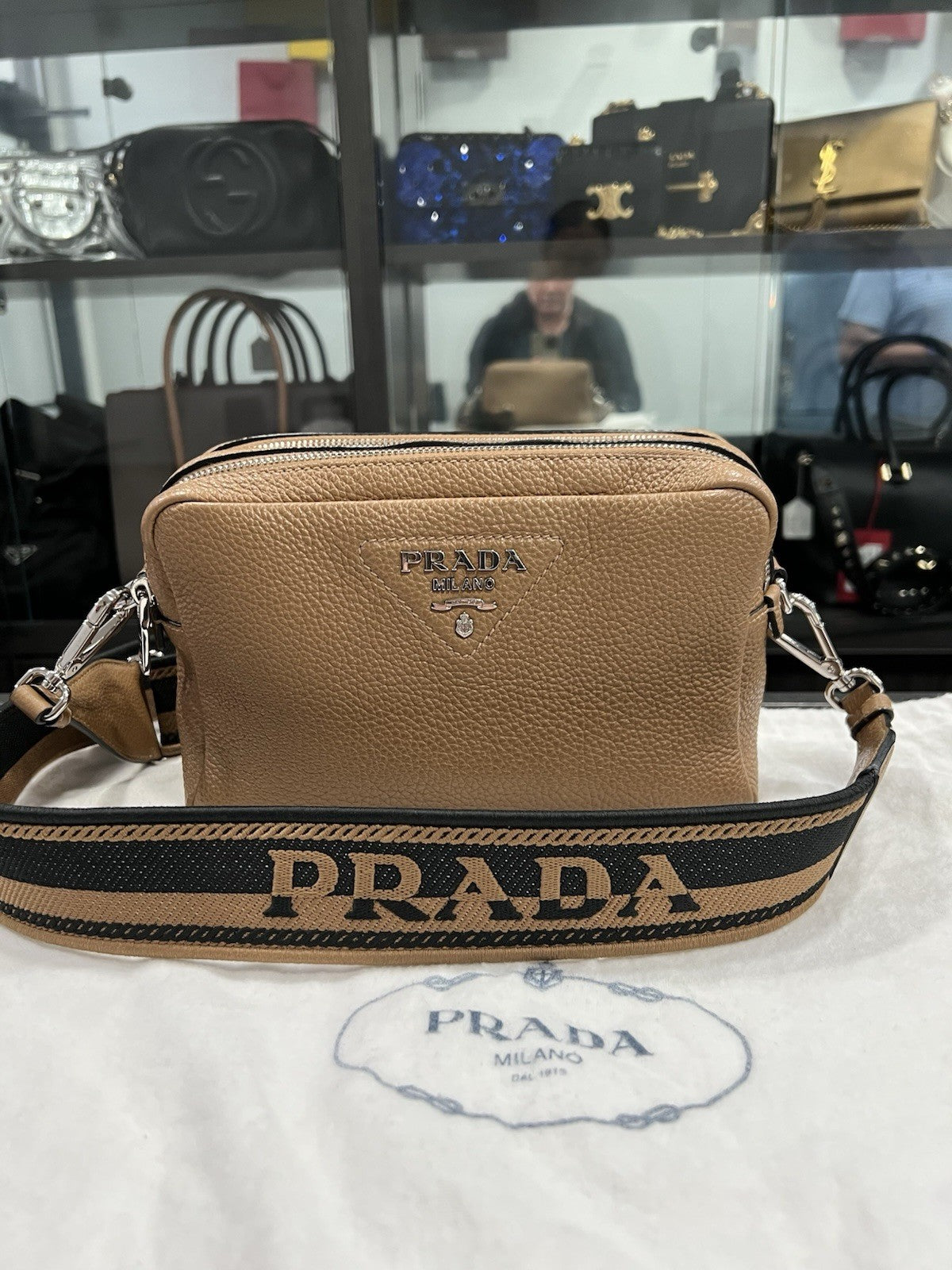 Prada Small Vitello Double Zipper Caramel Crossbody/Shoulder Bag Retail $2750
