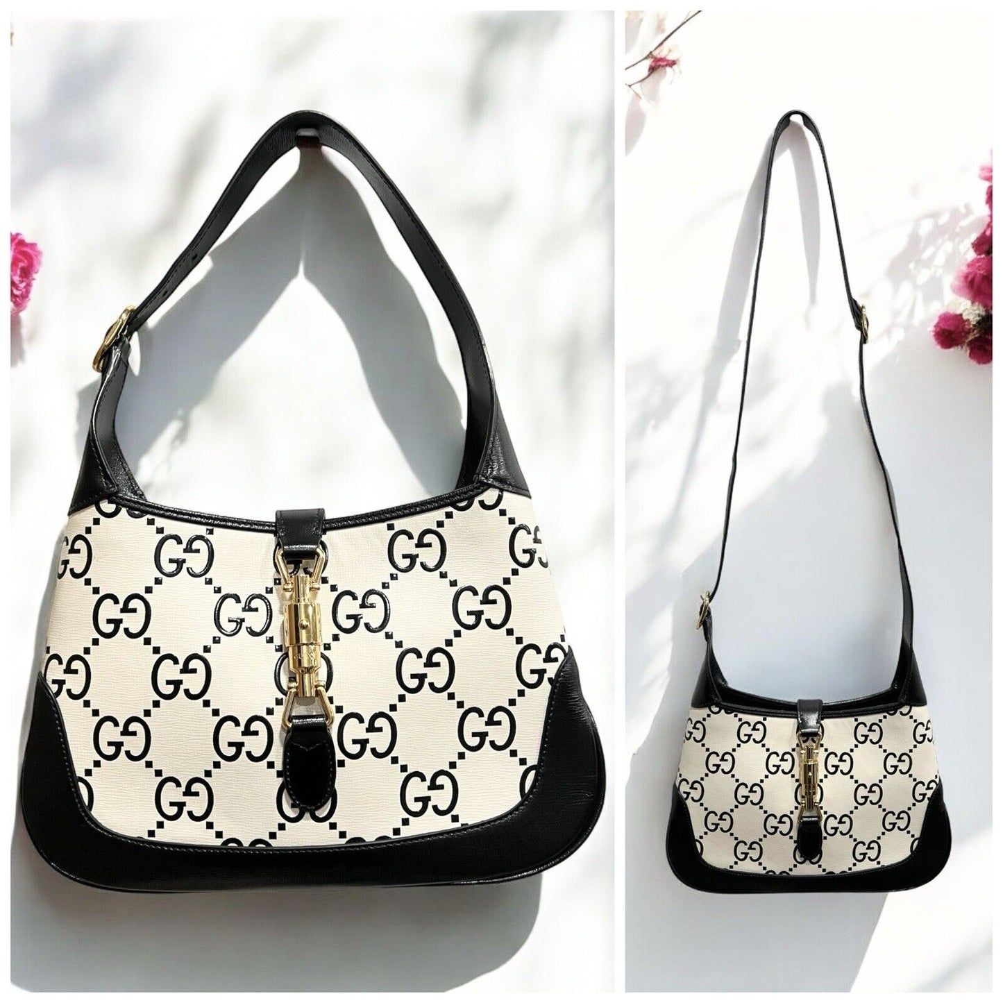 Gucci Jackie 1961 Small White/Black Crossbody Shoulder Bag W/Duster