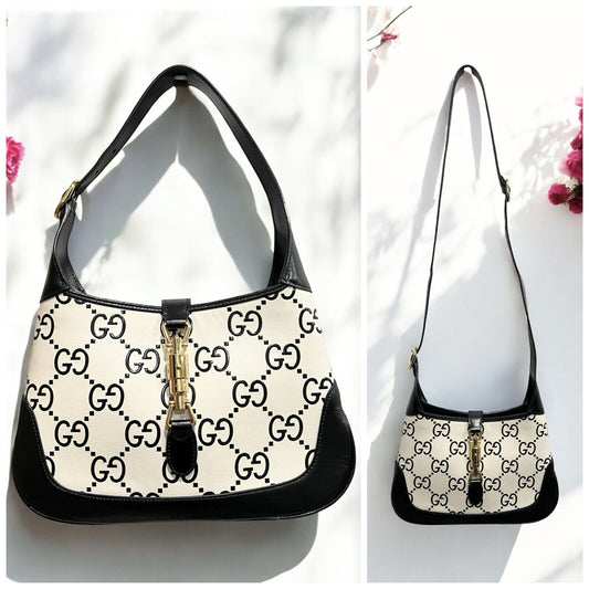 Gucci Jackie 1961 Small White/Black Crossbody Shoulder Bag W/Duster