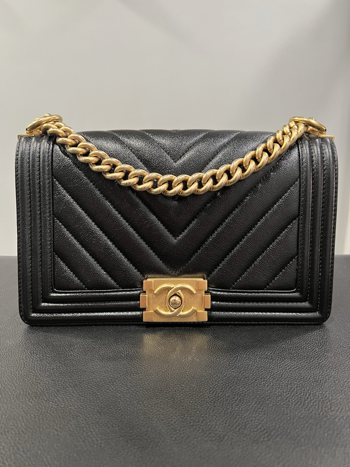 Chanel Black Gold Chevron Caviar Boy Bag With Duster & Authenticity Retail $6900