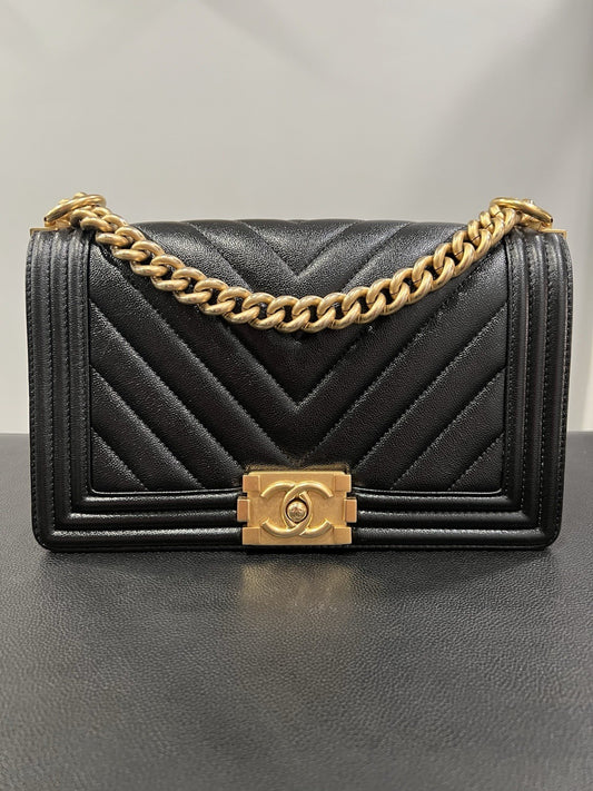 Chanel Black Gold Chevron Caviar Boy Bag With Duster & Authenticity Retail $6900