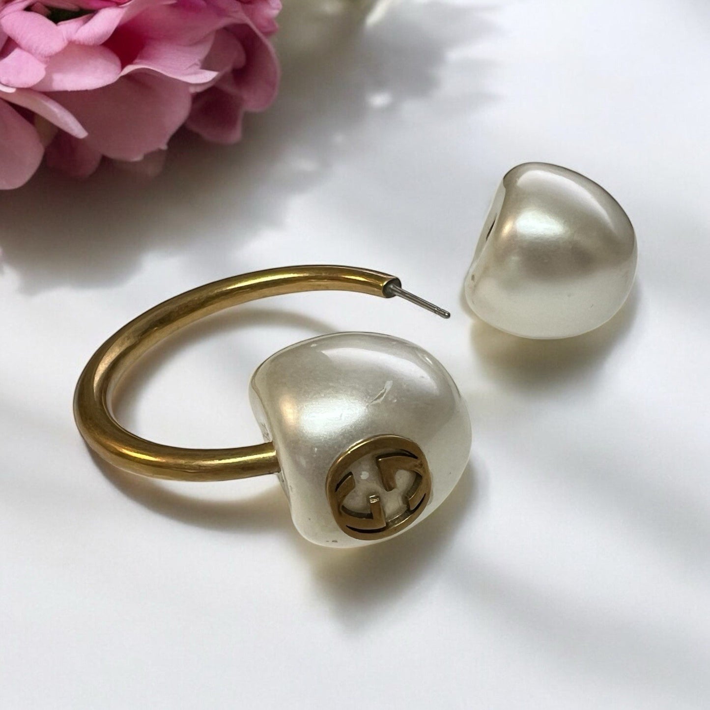 Gucci Single Double Pearl Hoop Runway Earring XL Authentic RARE