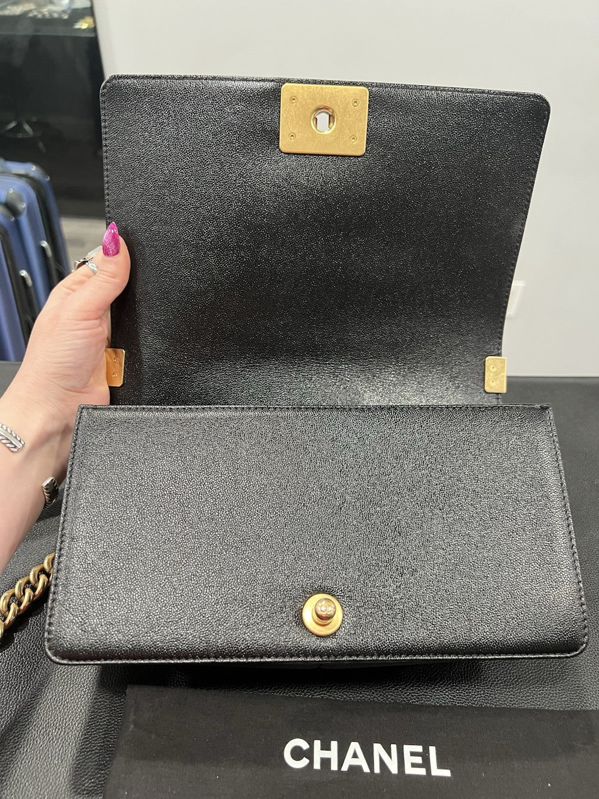 Chanel Black Gold Chevron Caviar Boy Bag With Duster & Authenticity Retail $6900