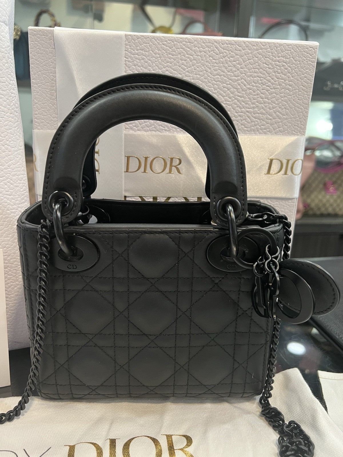 Christian Dior Matte Black Cannage Mini Lady Bag Box Duster Receipt Retail $5500