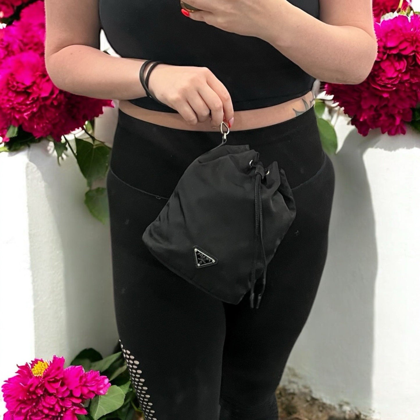 Prada Drawstring Wristlet Bucket Bag Tessuto Small