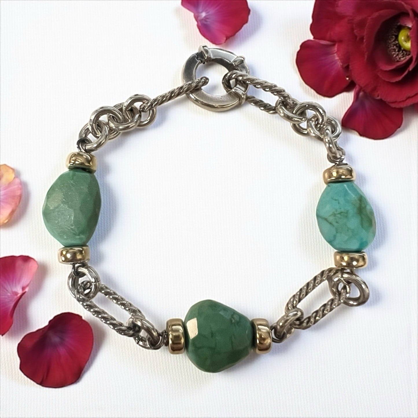 David Yurman Turquoise .925 Sterling Silver &18k Gold Figaro Bracelet RARE