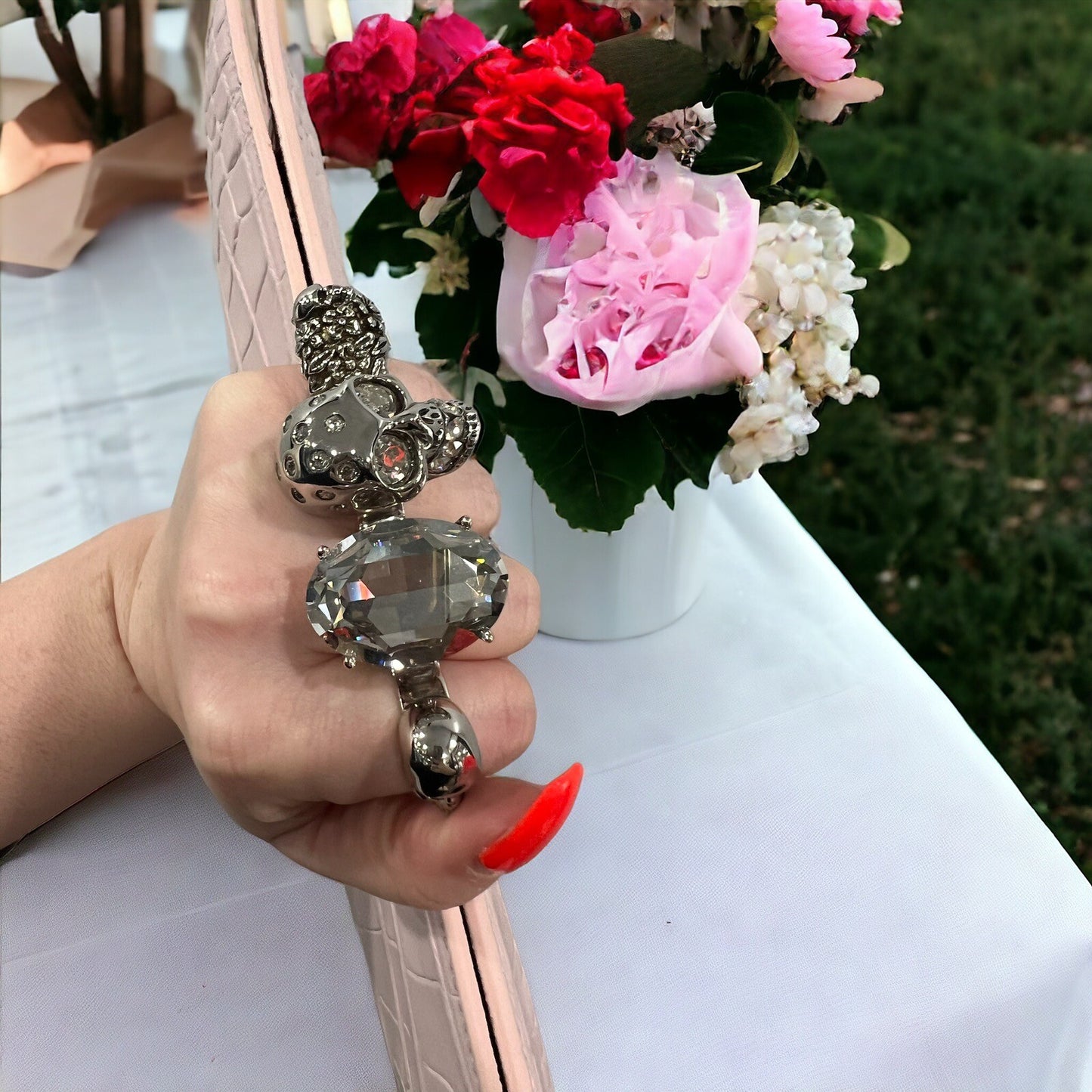 Alexander McQueen Pale Pink Crock Embossed Flat Knuckle Clutch