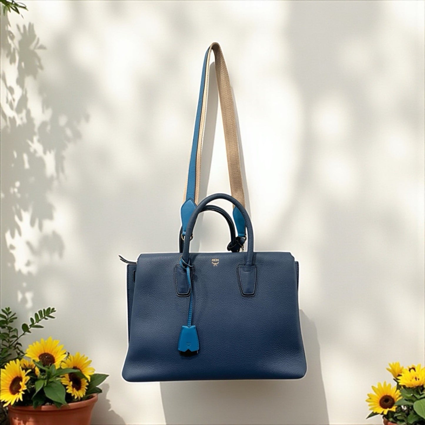 MCM Blue Leather Milla Tote With Canvas Strap