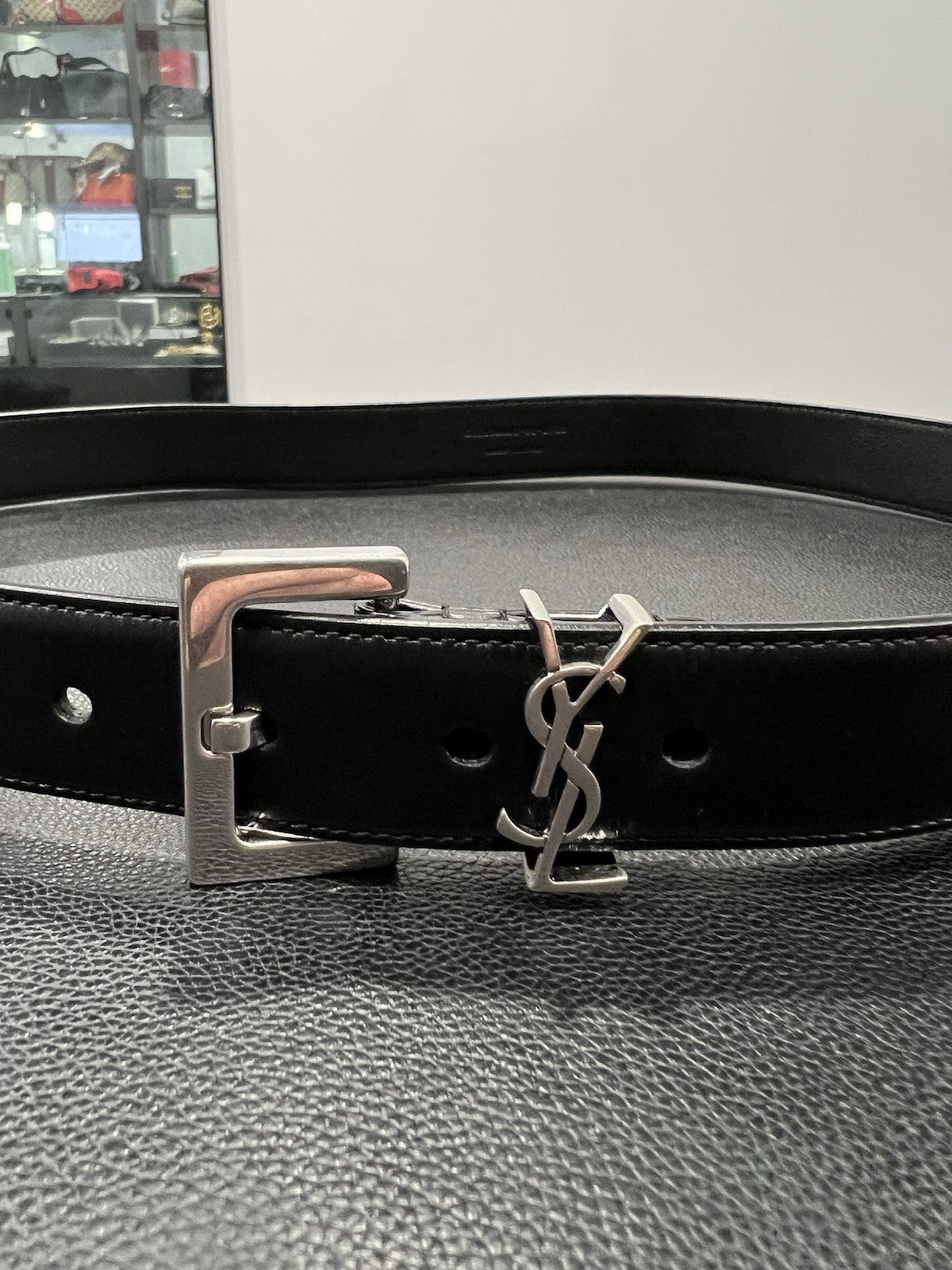 YSL Black & Silver Plated Cassandre Leather Monogram Belt Sz 90cm
