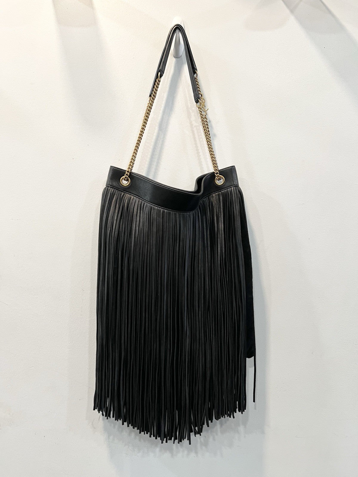 YSL Saint Laurent Grace Black Fringe Suede Hobo Bag With Authenticity