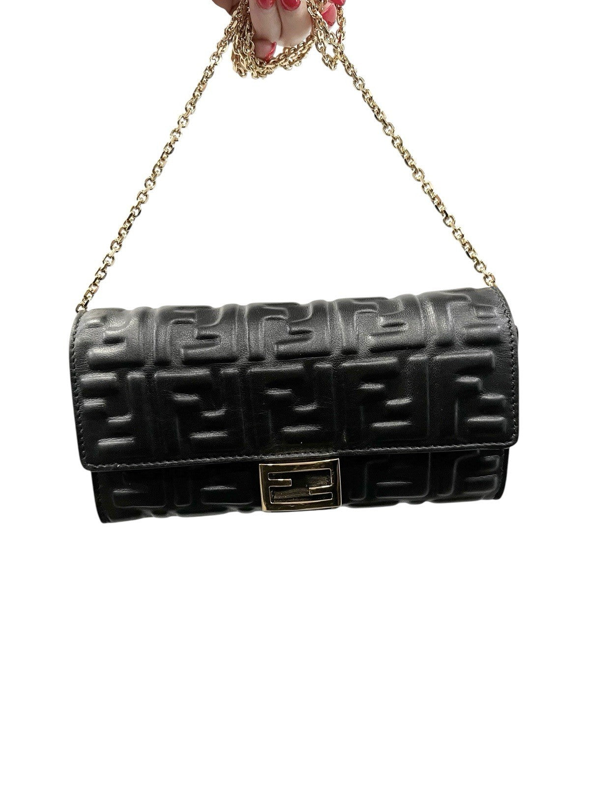 Fendi Black Nappa Leather Baguette Continental Wallet On Chain