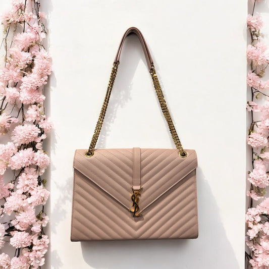 YSL Saint Laurent Leather Envelope Large Blush Pink Chain Bag