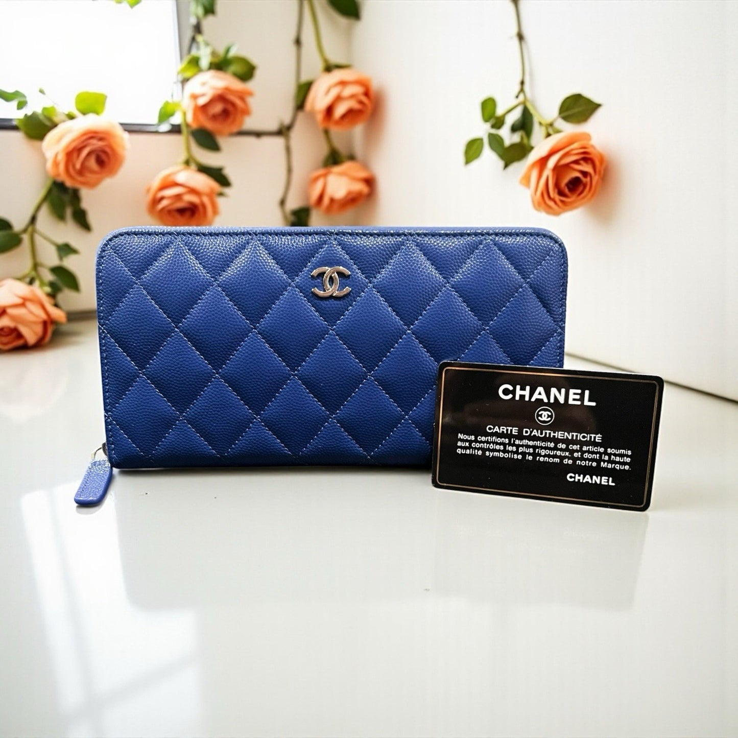Chanel Caviar Cobalt Blue Leather Zip Around Wallet With Authenticity