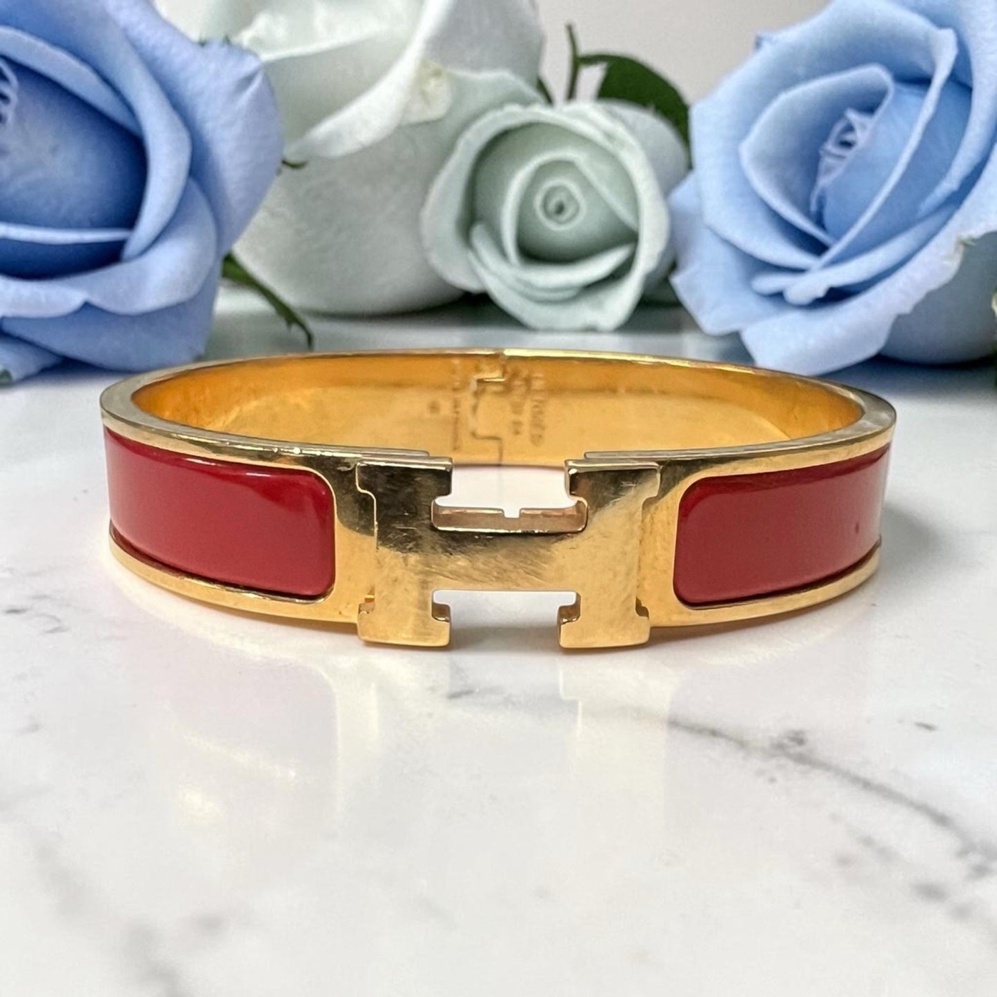 Hermes Click H Red/Gold Cuff Bracelet Retail $810 AUTHENTIC 6.75"