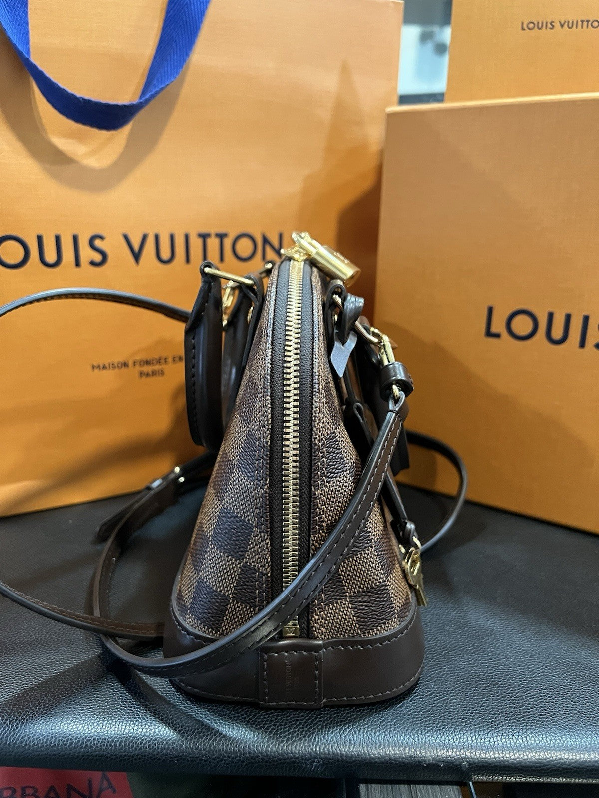 Louis Vuitton Damier Ebene Alma BB Box Lock Key Bag & Authenticity Retail $2k