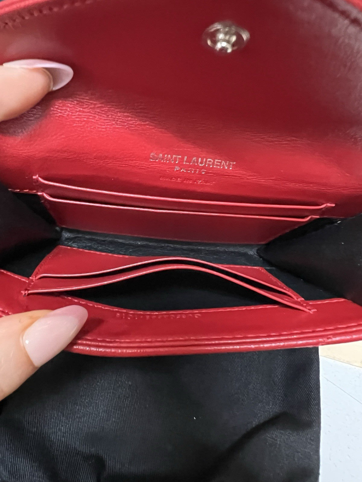 YSL Saint Laurent Leather Red Compact Wallet Card Case Box Duster & Tags