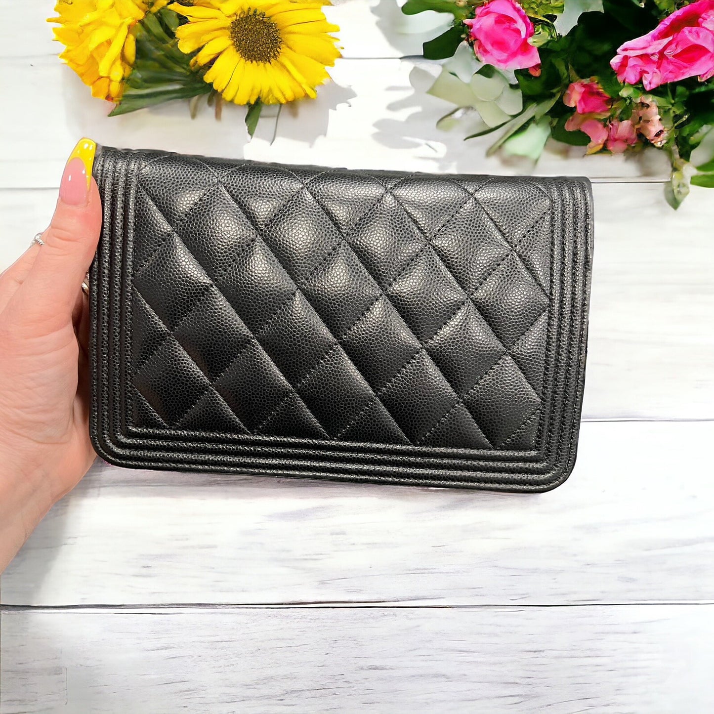 Chanel Caviar Black/Gold Boy Wallet On Chain W/Duster