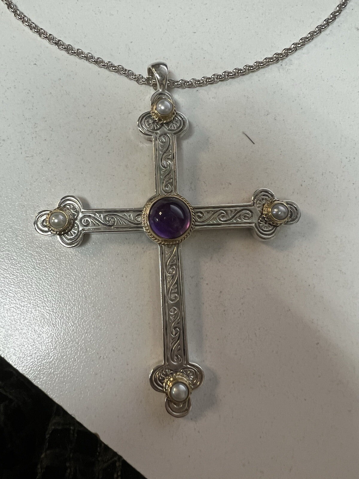 Konstantino .925 Sterling Silver 18k Gold Amethyst Pearl RARE Necklace