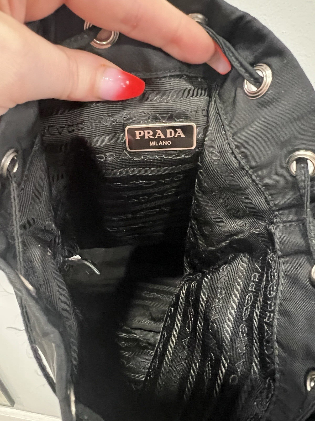 Prada Drawstring Wristlet Bucket Bag Tessuto Small