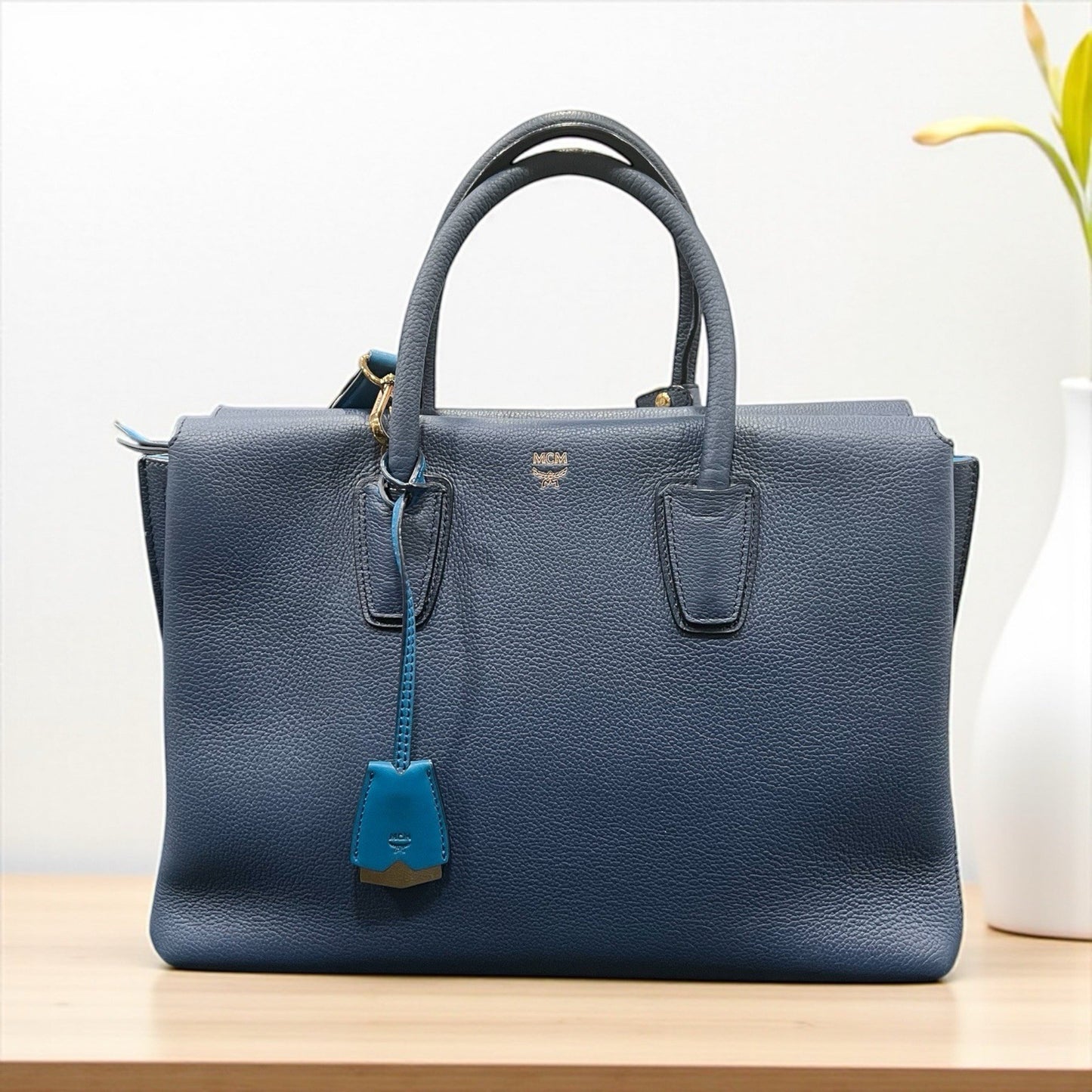 MCM Blue Leather Milla Tote With Canvas Strap