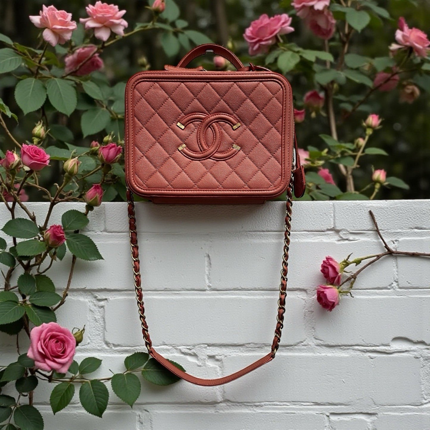 Chanel Pink Filigree Vanity Case With Authenticity