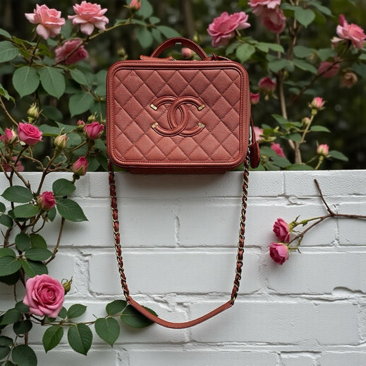 Chanel Pink Filigree Vanity Case With Authenticity