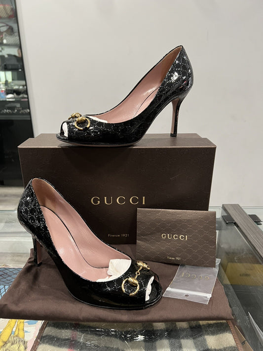 Gucci Patent Vernice Microguccisima Bit Heels 38.5/US8.5 Retail $660
