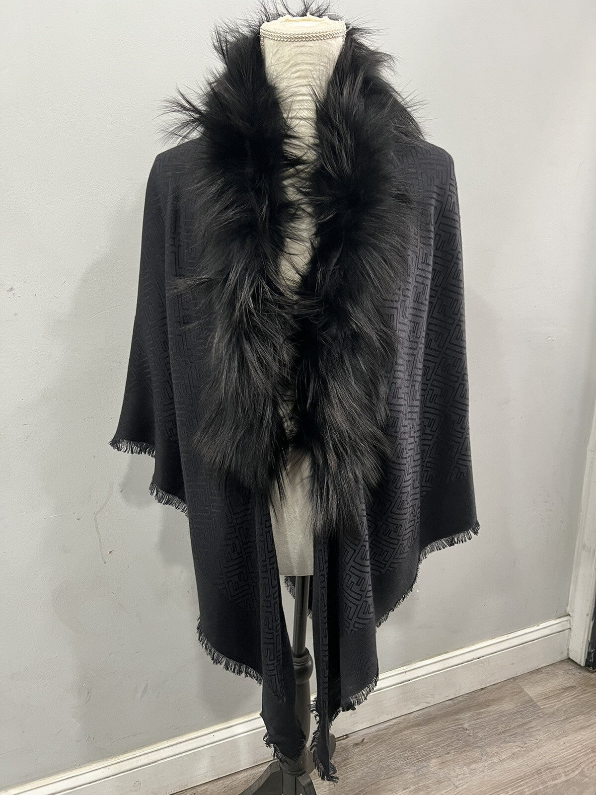 Fendi Silk Wool Blend/Fur Monogram Stole/Scarf With Box & Duster