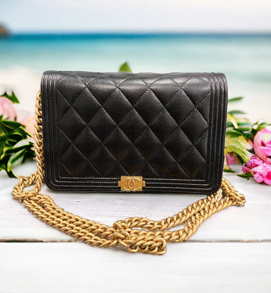 Chanel Caviar Black/Gold Boy Wallet On Chain Retail $3575
