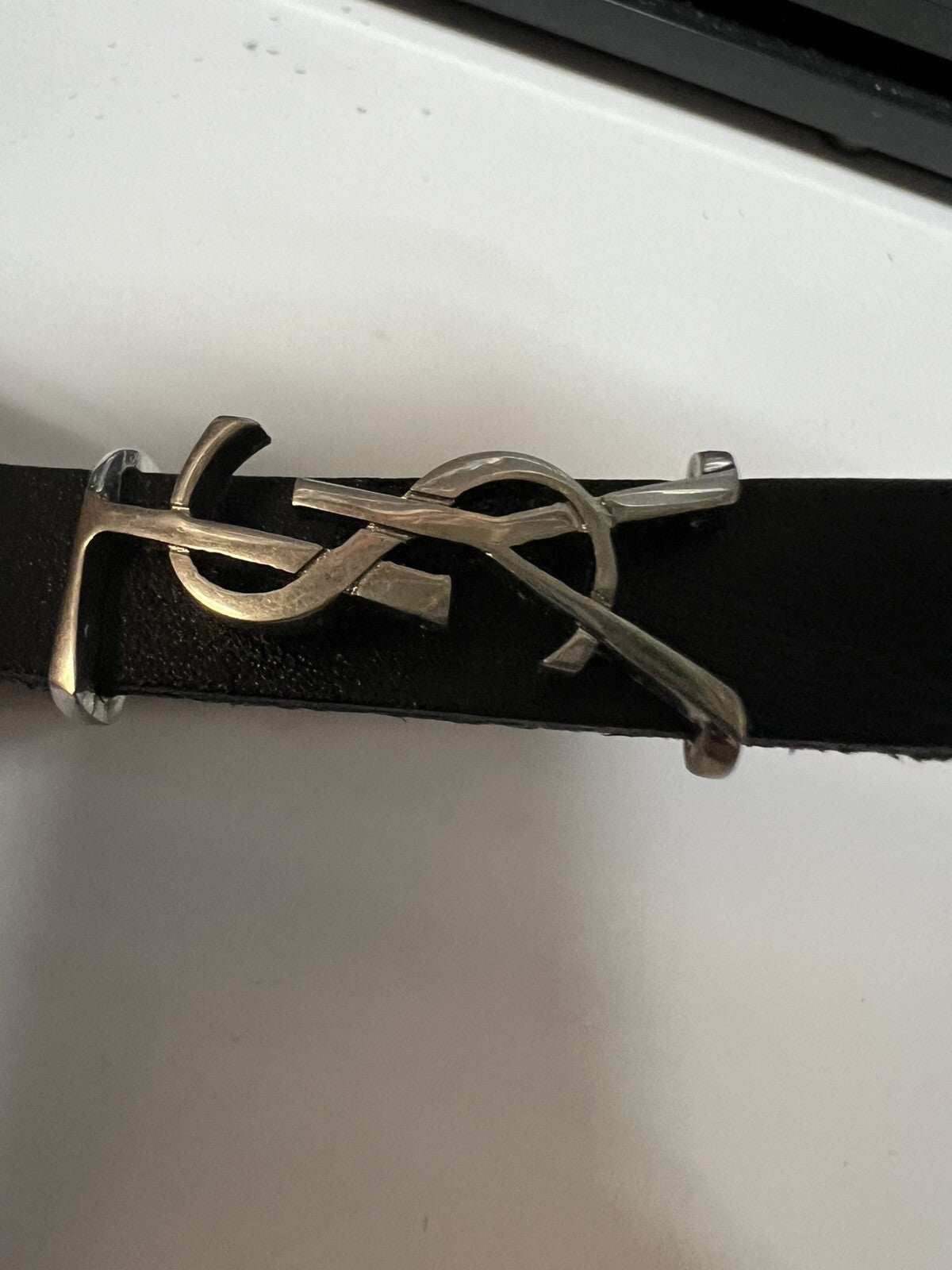 YSL Saint Laurent Black Leather Silver Logo Wrap Bracelet