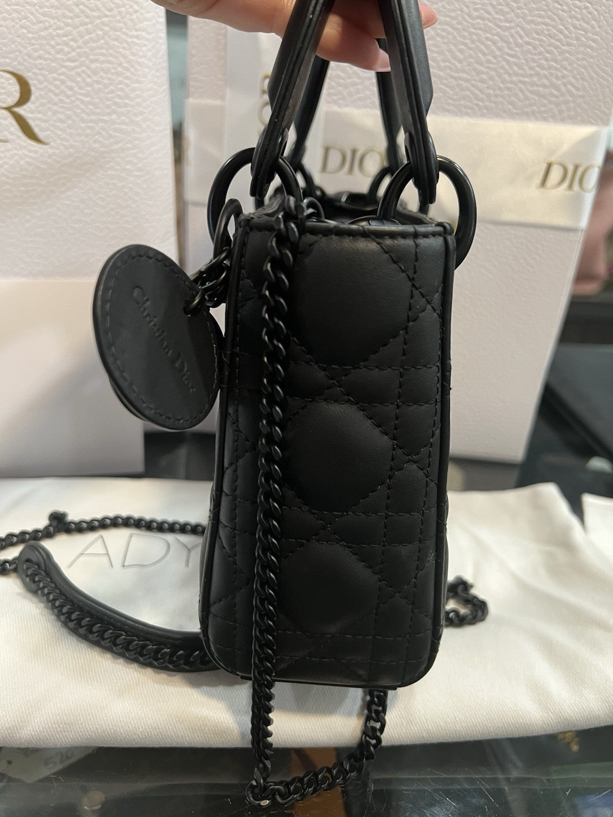 Christian Dior Matte Black Cannage Mini Lady Bag Box Duster Receipt Retail $5500