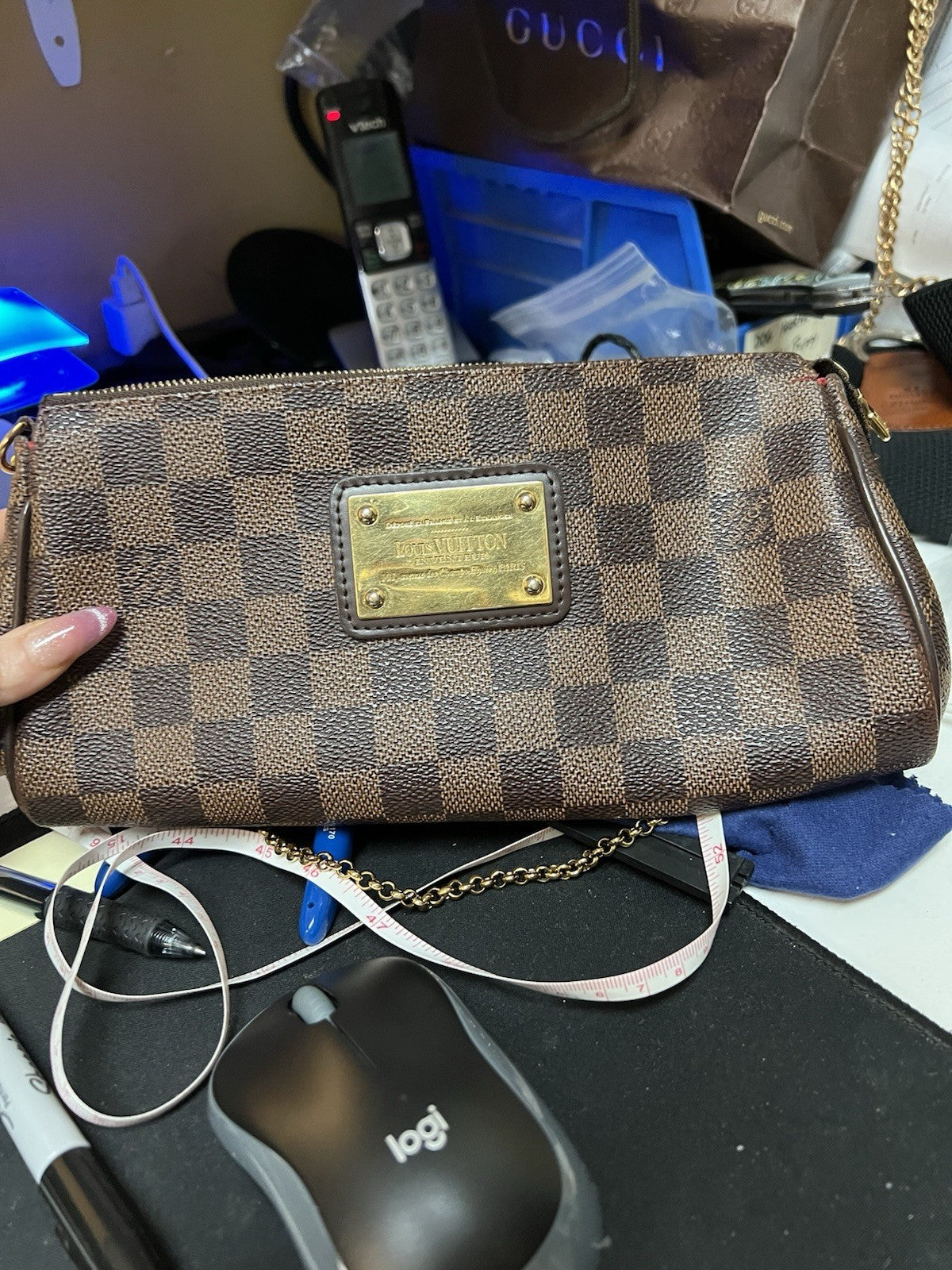 Louis Vuitton Damier Ebene Eva Clutch Crossbody Bag With Authenticity