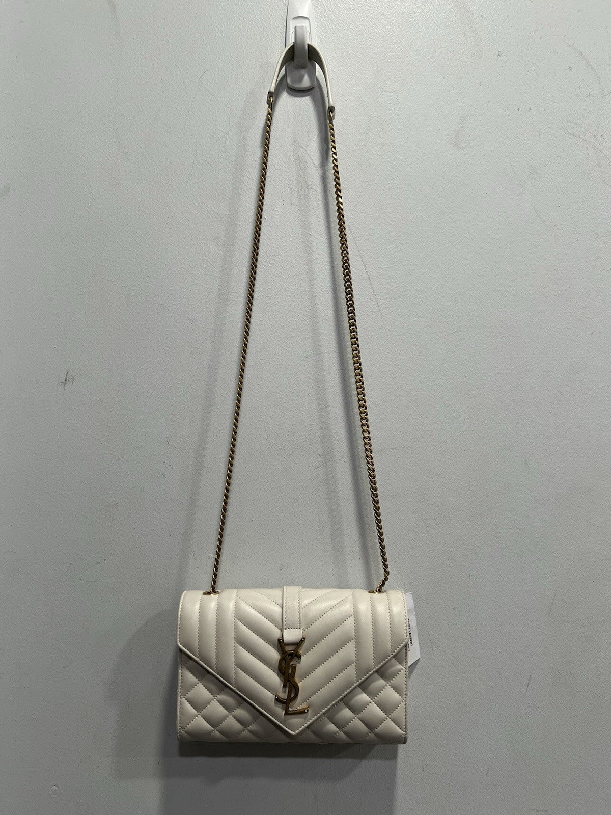 YSL Saint Laurent Ivory/Gold Envelope Triquilt Small Smooth Leather MSRP $2950